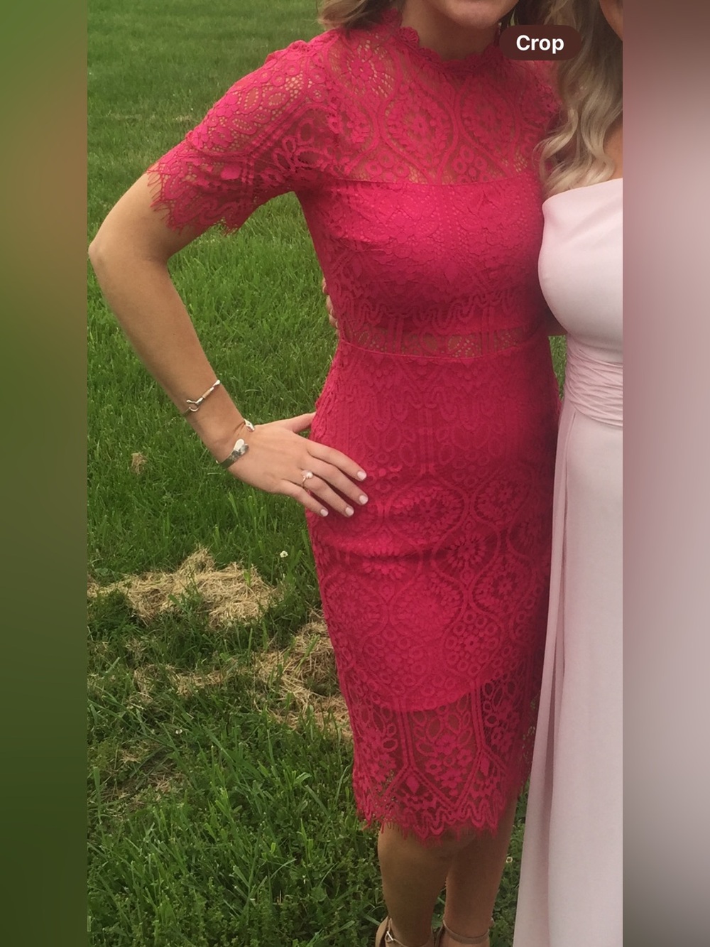 Lulu's Hot Pink Lace Midi Dress with Sheer Yoke